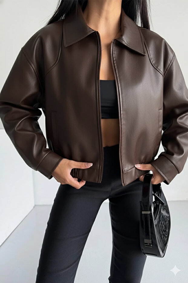 Dámská kožená bunda bomber s elastickým pasem - 3