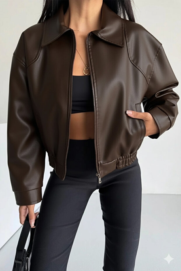 Dámská kožená bunda bomber s elastickým pasem - 4