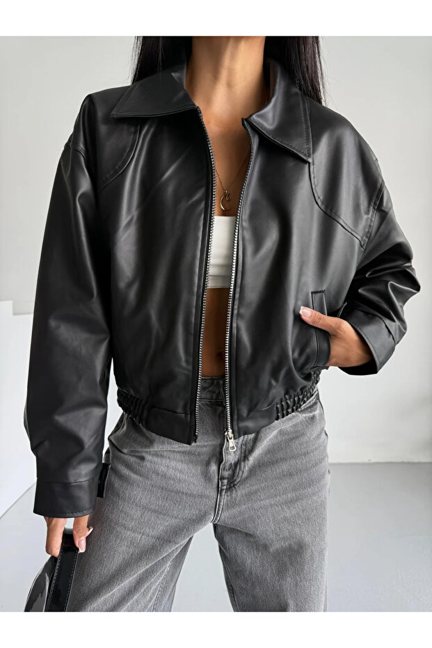 Dámská kožená bunda bomber s elastickým pasem - 3
