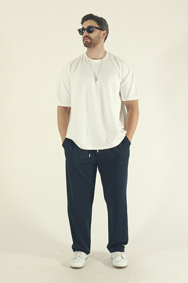 Men's Navy Blue Baggy Cut Knitted Fabric Wide Leg Sweatpants