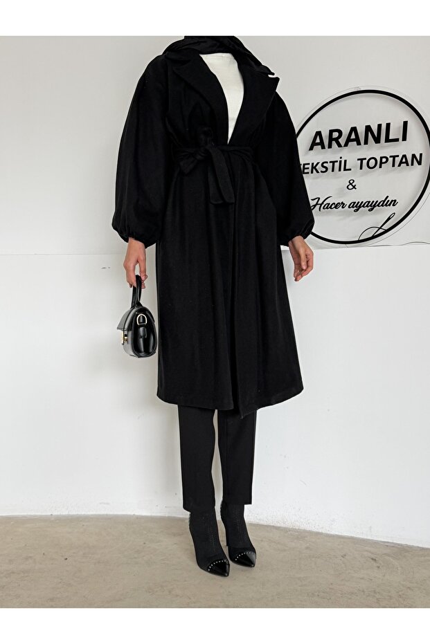 معطف تيزيتير أساسي بأكمام بالونية وحزام / معطف تيزيتير نسائي متوسط الطول
