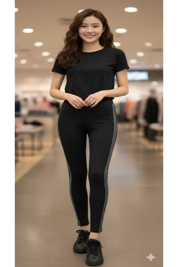Women's Combed Cotton Ribbed Fabric High Waist Stripe Detailed Leggings