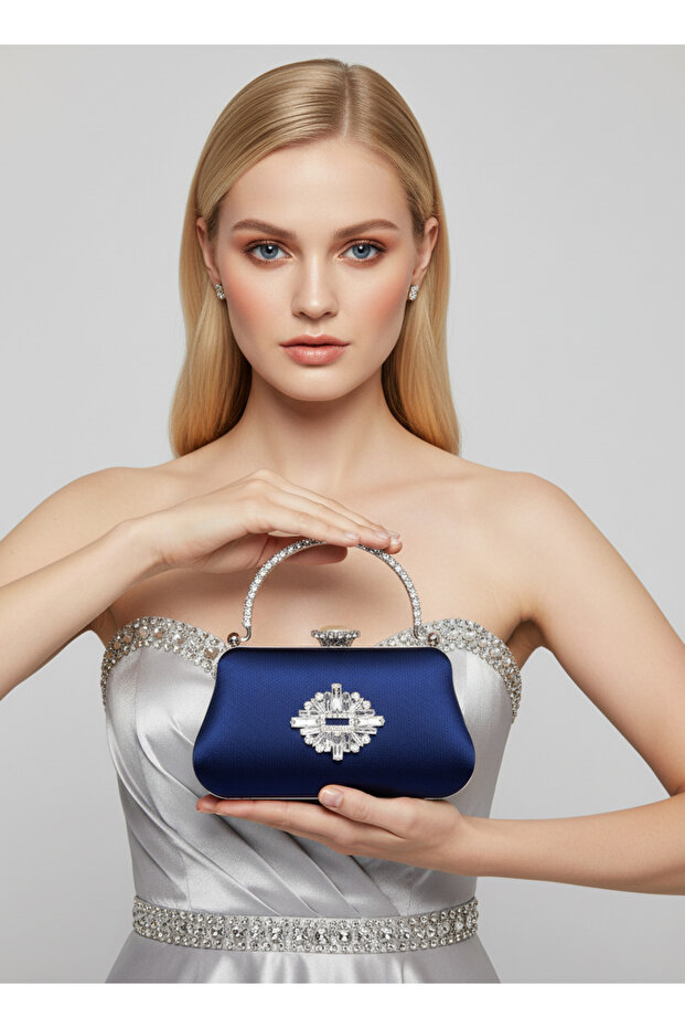 Navy Blue Color Glittery Satin Crystal Stone Handle Women's Evening Dress Bag