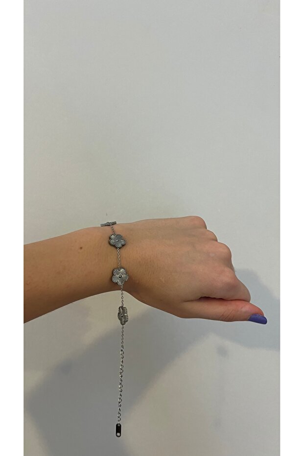 Çelik Sılver Yonca Desen Bileklik - 2