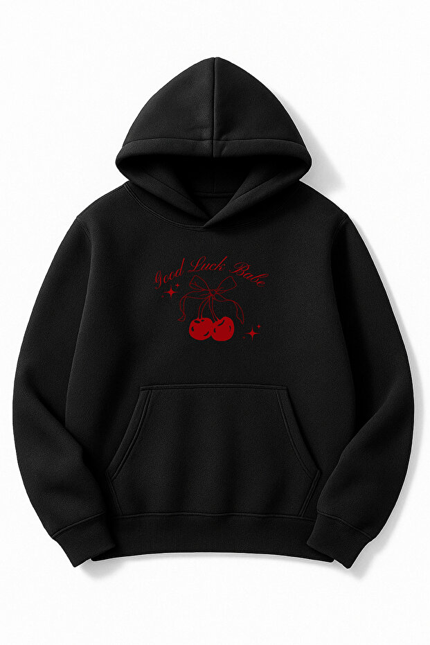 Black Oversized Unisex Good Luck Babe Cherry Printed Hooded Sweatshirt