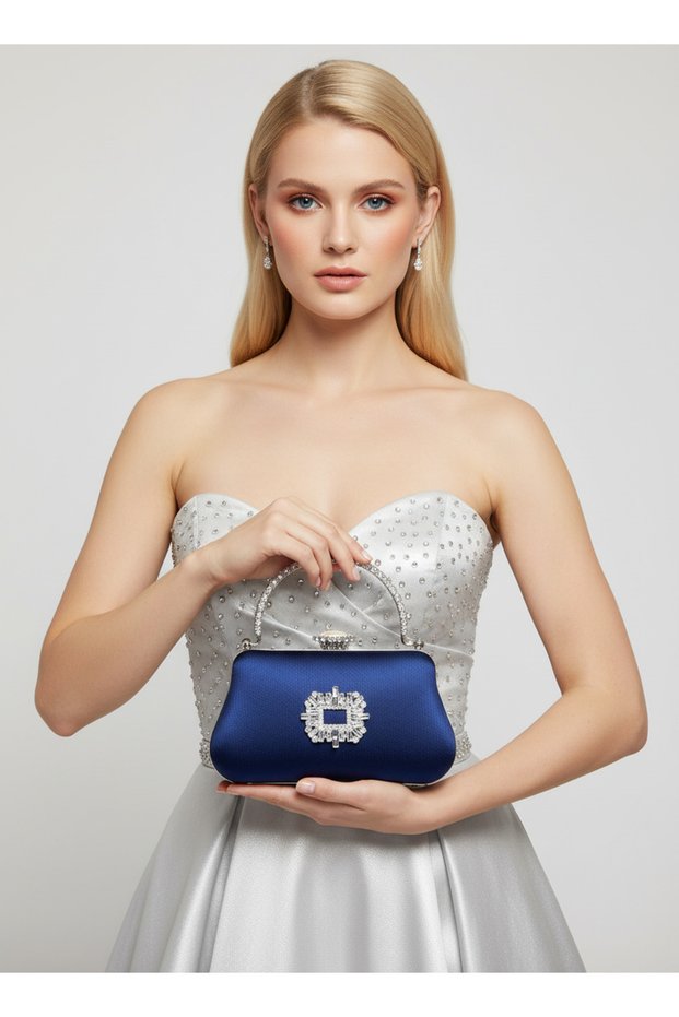Navy Blue Color Glitter Satin Crystal Stone Handle Women Evening Dress Bag Wedding Engagement Graduation