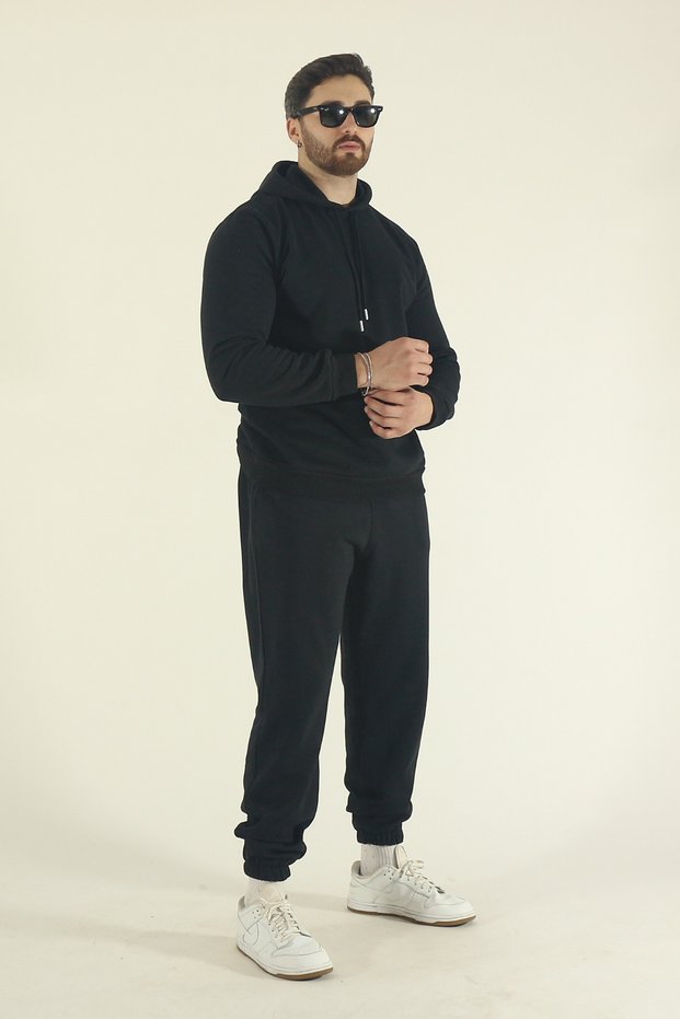 Men's Winter Cotton Tracksuit Set Hooded Sweatshirt Jogger - Black Regular Elastic Leg