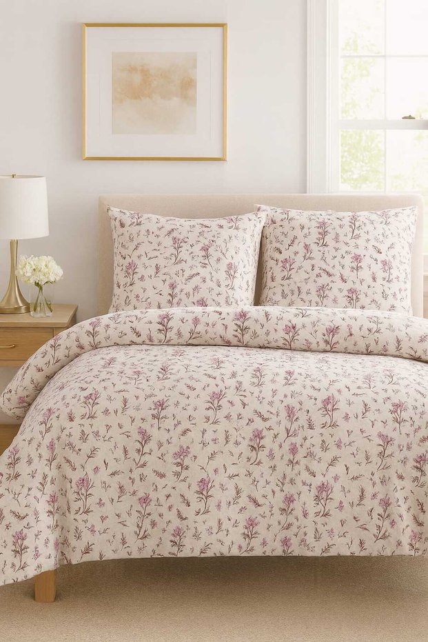 Duvet Cover Set Double Size''Duvet Cover+Elastic Fitted Sheet+2 Pillowcases'' 100% Cotton Floral