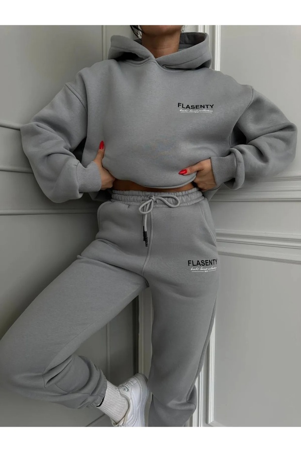 Unisex Men's Women's Flasenty Printed Oversized Smoke Gray 3 Thread K Hooded Tracksuit Set