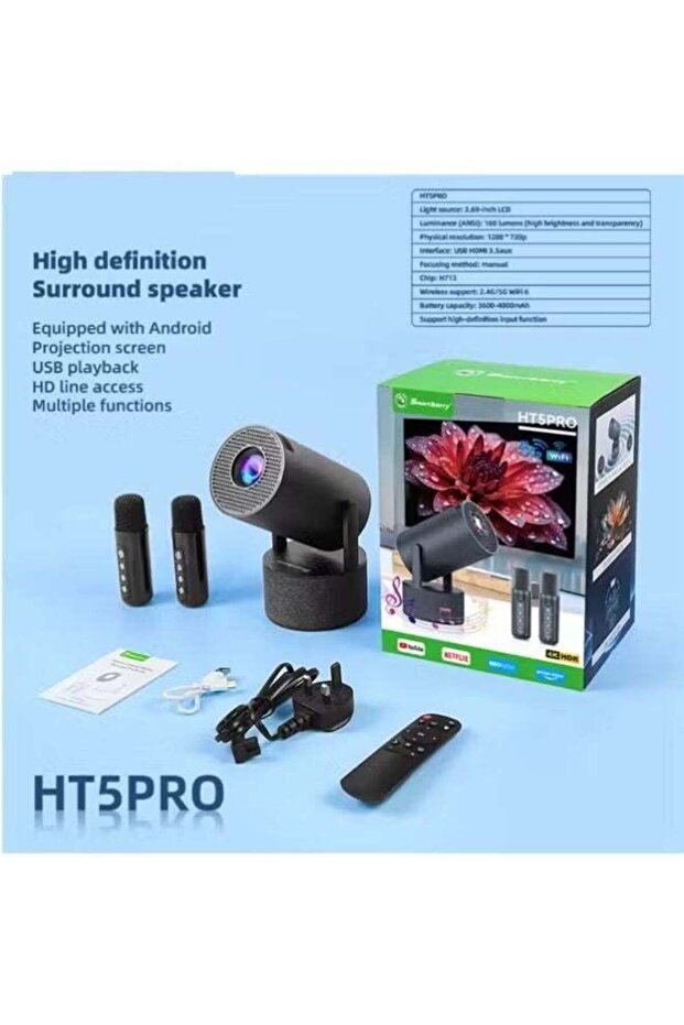 Smartbarry HT5 Pro Karaoke Portable Mini Projector (4K/1080P, Android 11, WiFi & Bluetooth)