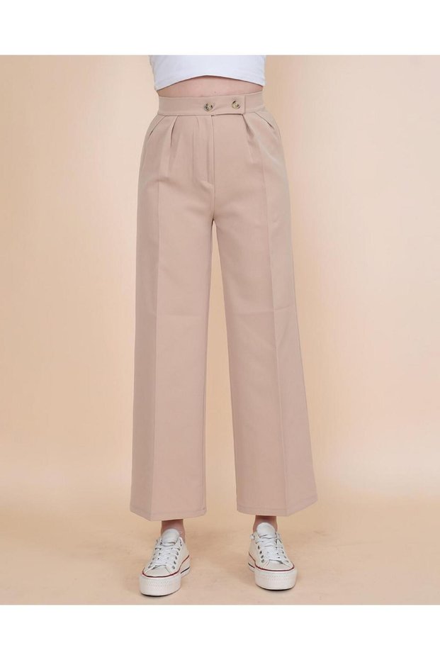 Tess Beige Double Buttoned Women's Casual 90's Super High Loose Leg Pants Palazzo Pants