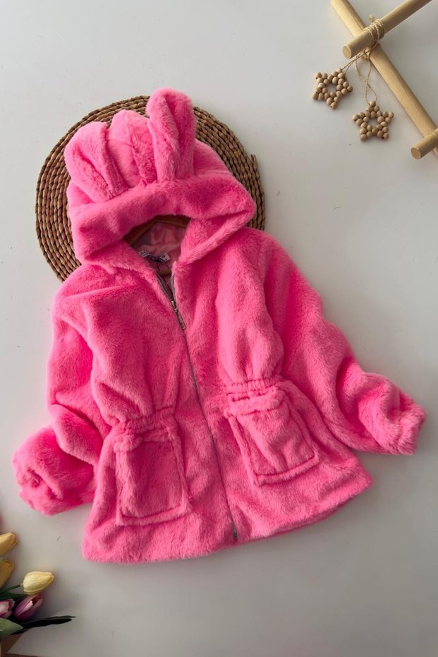 Hooded Girls' Plush Coat with Little Dog Ears - Pink