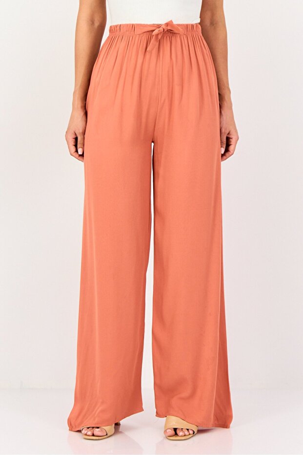 Women Regular Fit Plain Drawstring Wide Leg Pants, Brown