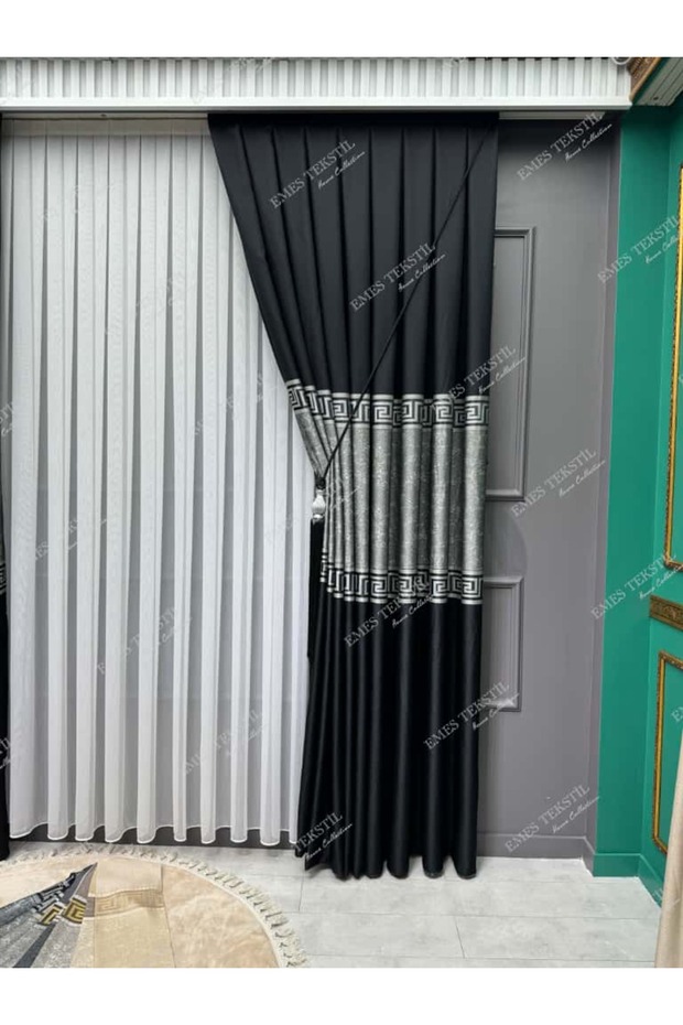 Pallas Desen Luxury Black Panel Background Curtain with Silver Detailing and Tight Pleats (Single Panel Price)