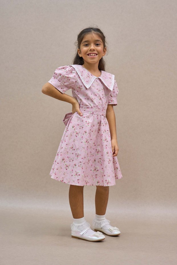 Vintage Girl's Collared Pink-Burgundy Floral Flared Dress