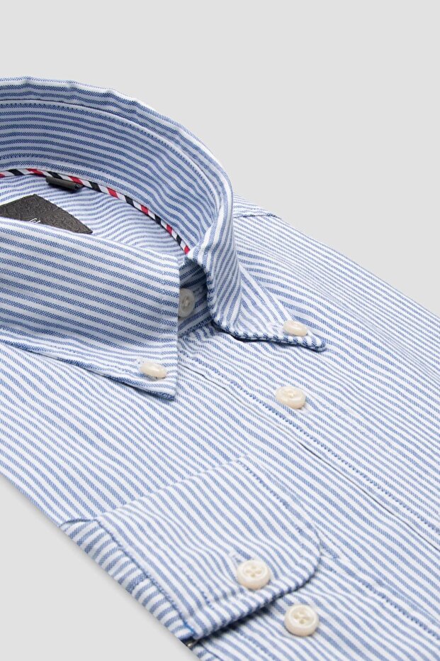 Luca Oxford Stretch Cotton Blend Comfort Fit Navy Button down Collar Men's Striped Shirt