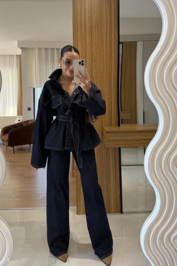 Callow Navy Blue Belted Denim Suit