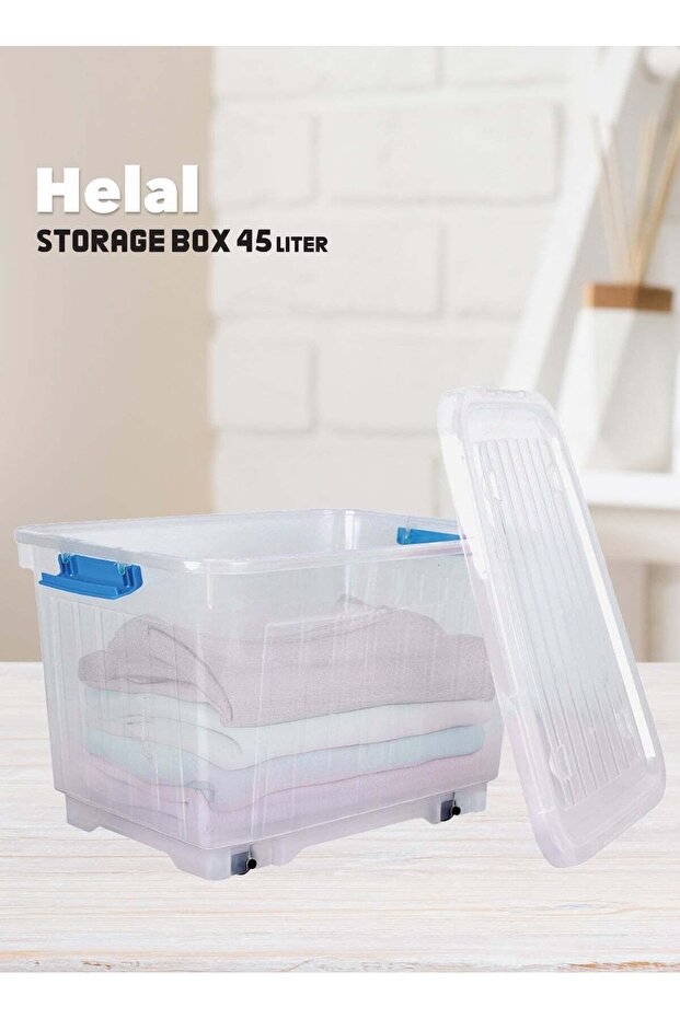 Multipurpose Clear Plastic Storage Box with Wheels and Lockable Lid 45L Clear