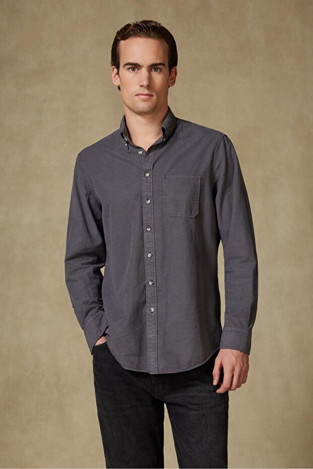 Federico Woven Lyocell Comfort Fit Dark Gray Button down Collar Men's Plain Shirt