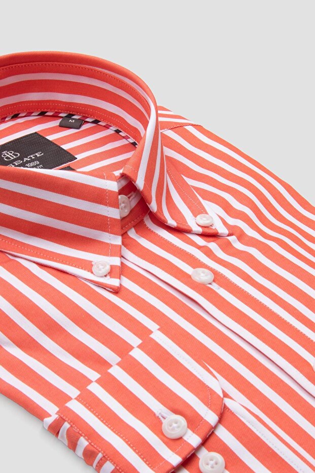Matteo Twill Cotton Comfort Fit Salmon Button down Collar Men's Striped Shirt