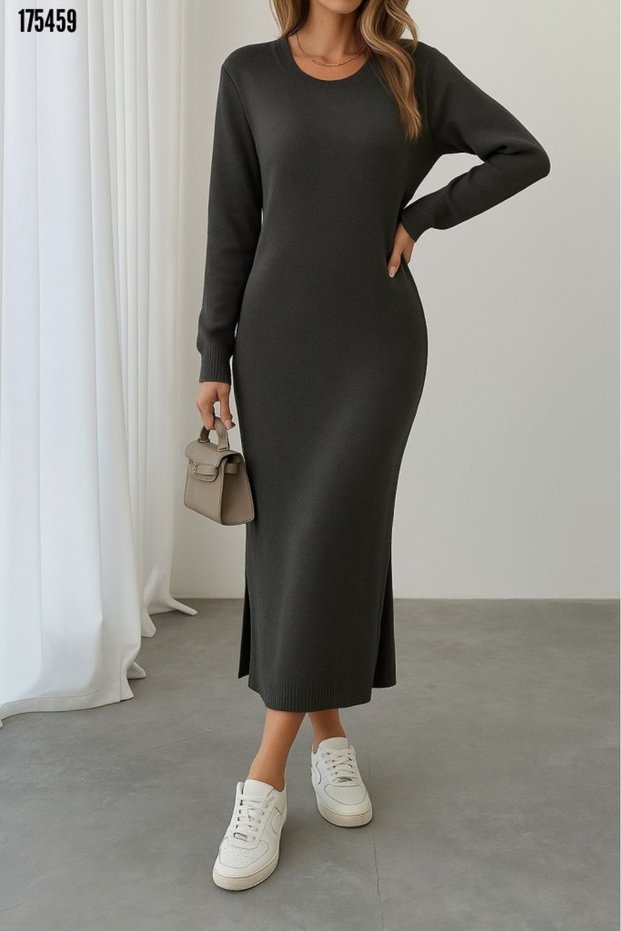 New Season Women's Long Sleeve Knitwear Midi Length Dress Crew Neck