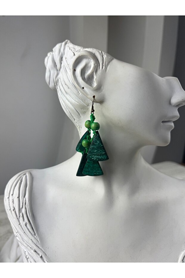 Yeşil Ahşap el yapımı küpe - 3