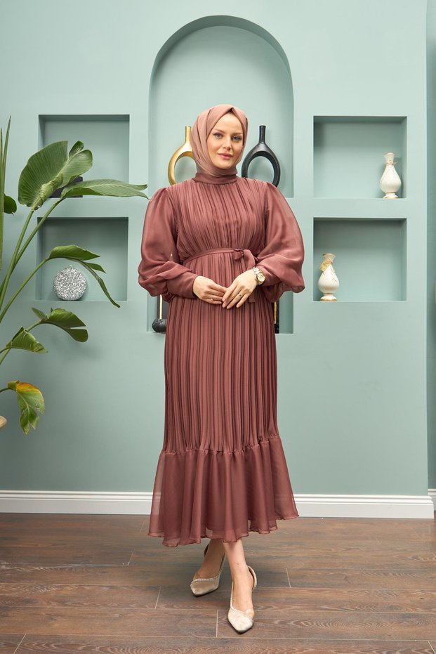 Pleated Balloon Sleeve Evening Dress - Copper