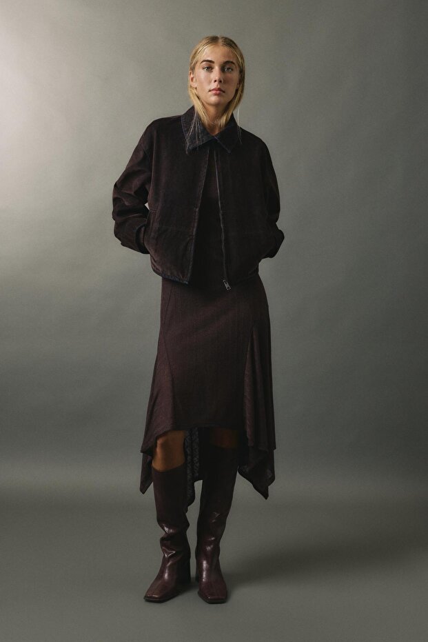 Asimetrik etekli midi elbise - 1