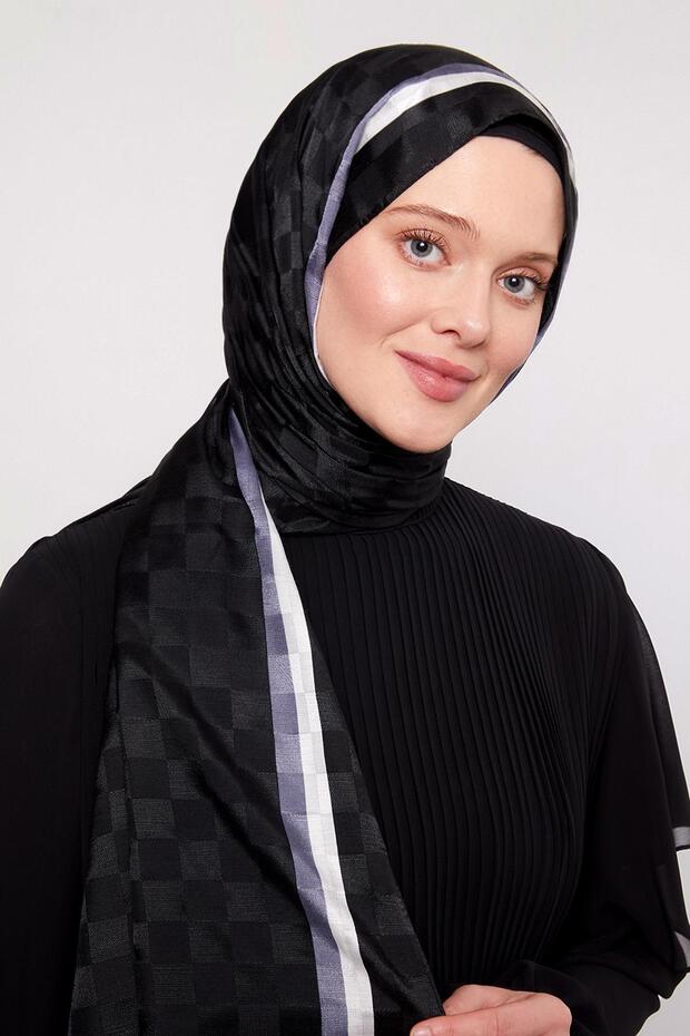 Black-Ecru Striped Checkerboard Pattern Monogram Shawl - 1