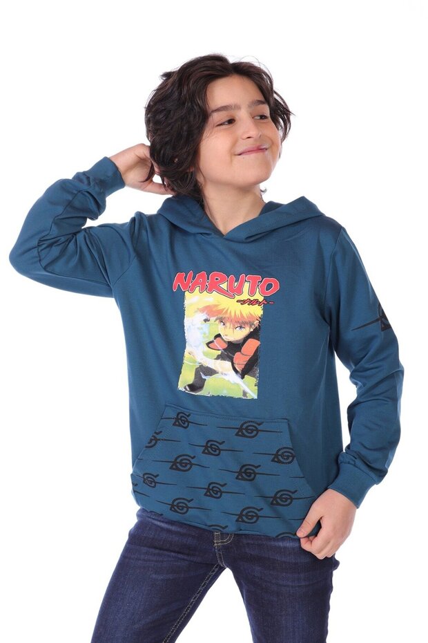 Petrol Blue Boy's Relax Fit Hooded Pocket Printed Sweatshirt - 2 Thread