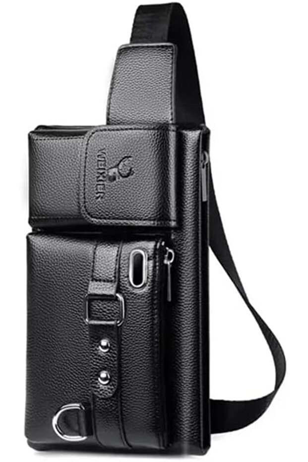 Duchic Men's Leather Crossbody Shoulder Bag – Multi-Pocket Sling Chest Bag black