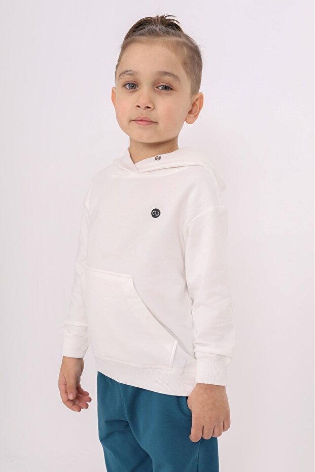 Ecru Boy's Relax Fit Hooded Pocket Lightweight Drop Shoulder Printed Sweatshirt - 2 Thread