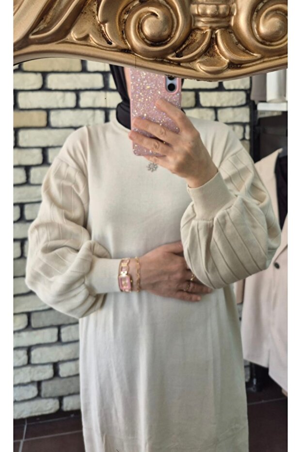 Balon kol triko elbise - 3