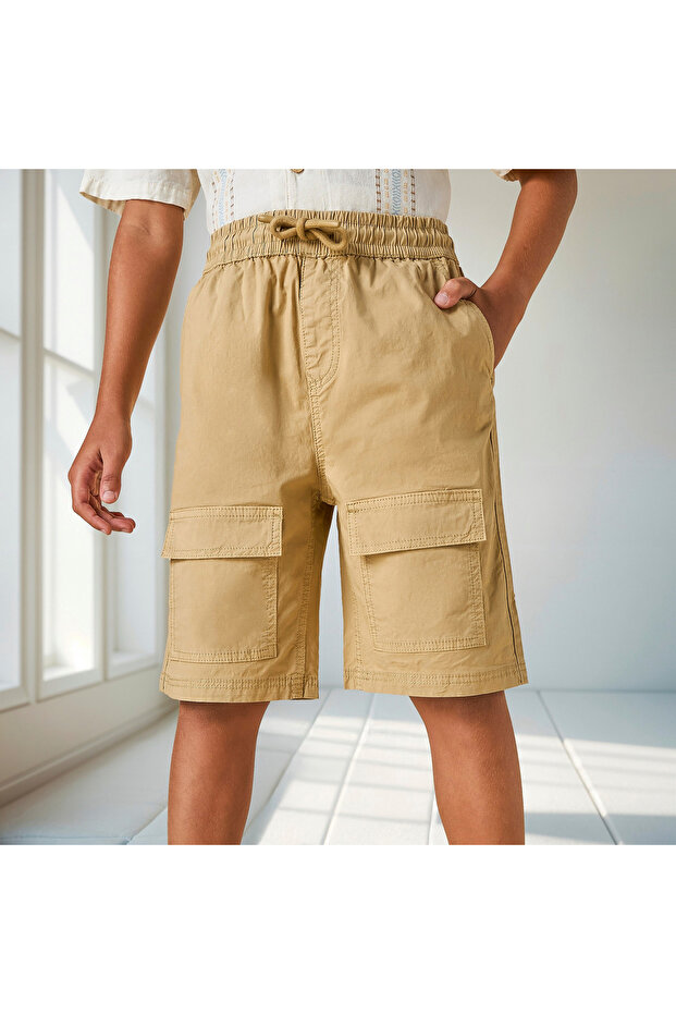 Solid Cargo Shorts with Pockets and Drawstring Closure - 1