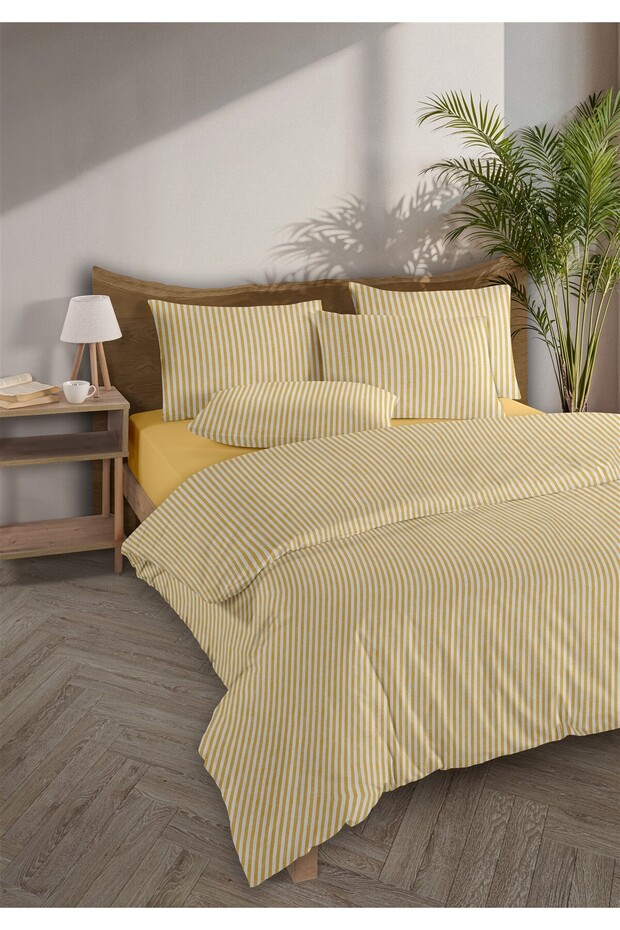 Striped %100 Cotton Ranforce Yezra Yellow Yarn Dyed Duvet Cover Set Single - 160X220 cm