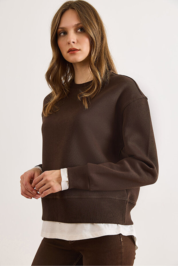 Women's Brown Combed Cotton Detailed Fleece-Lined Thick Sweatshirt Swt-19000768