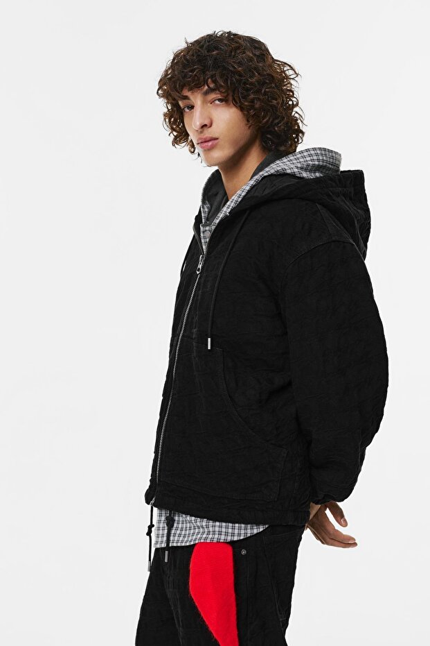 Jakarlı kapüşonlu denim ceket - 4