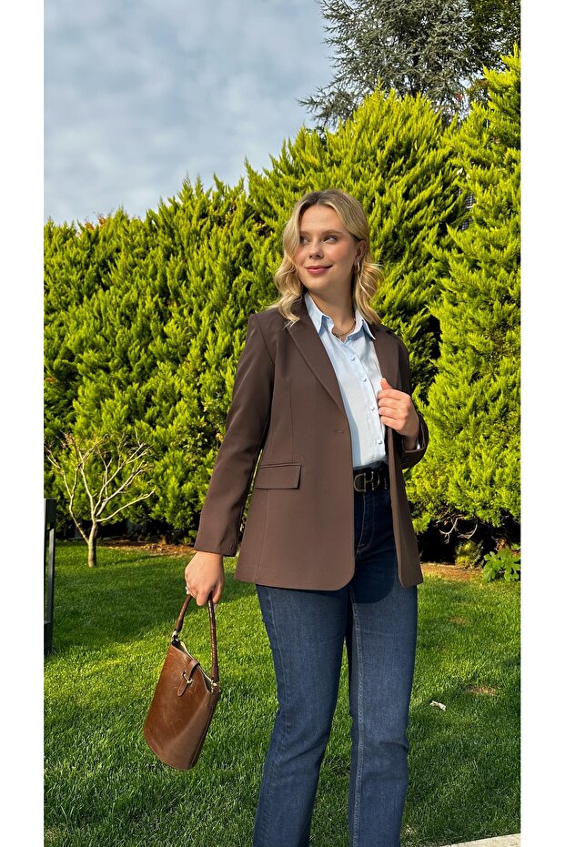 Acı kahve krep blazer ceket - 5