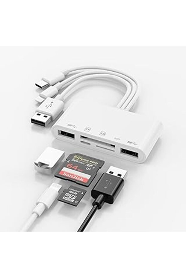 5-in-1 OTG Card Reader & Memory Adapter for iPhone/iPad, USB-C and USB-A, SD/MicroSD/SDHC/SDX - 1