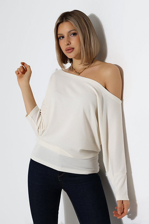Aleg Women's Boat Neck Flowy Comfortable Fit Three-Quarter Sleeve Blouse & Top - Ecru