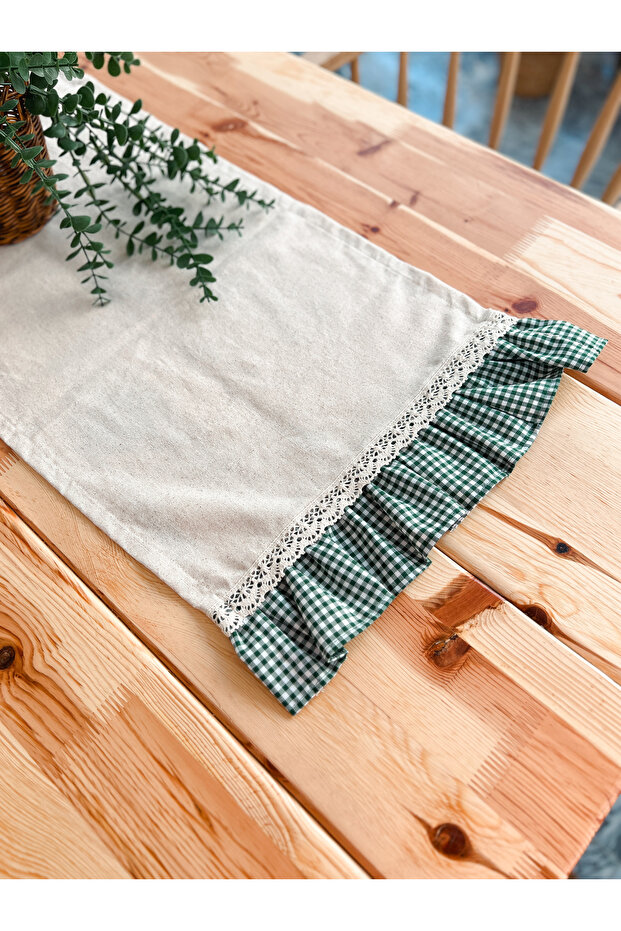 Natural Linen Rectangular Runner with Ruffles on Two Sides and Lace 40Cmx120Cm