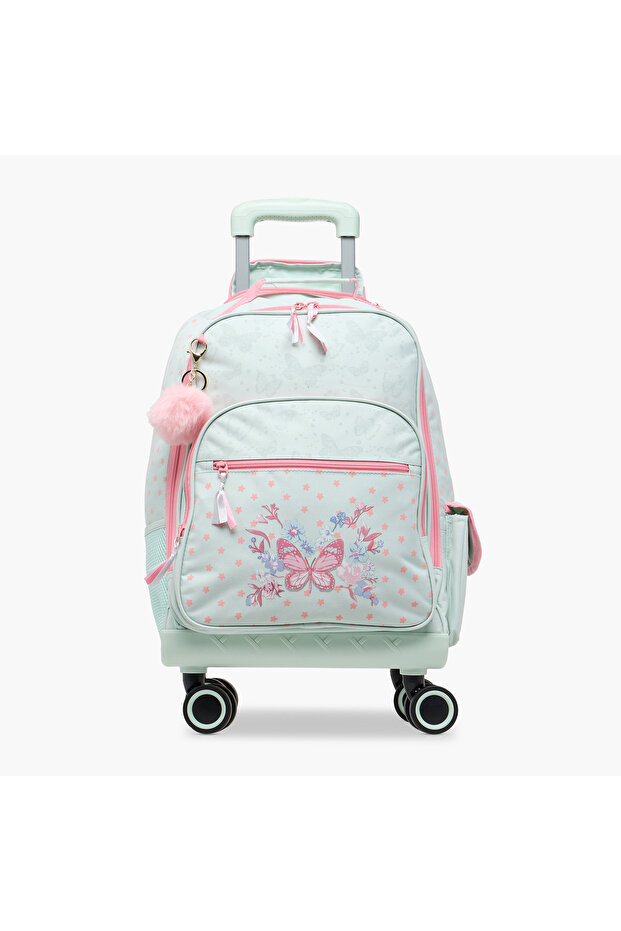 Butterfly Print Trolley Backpack with Retractable Handle and Zip Closure - 18 Inches