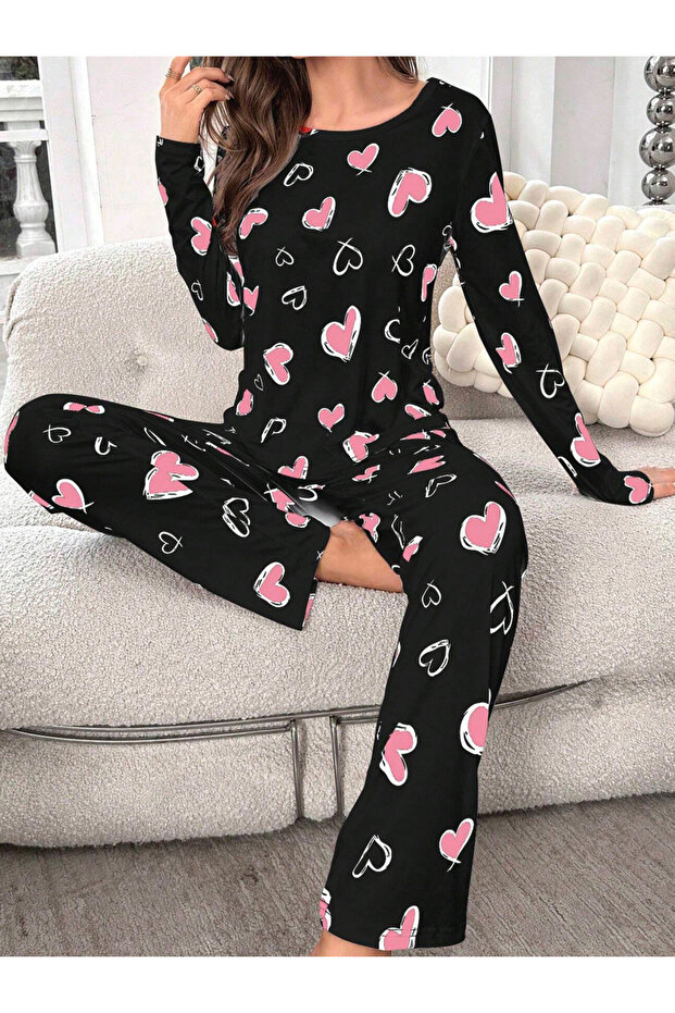 Heart Print Long Sleeve T-Shirt and Pyjama Set