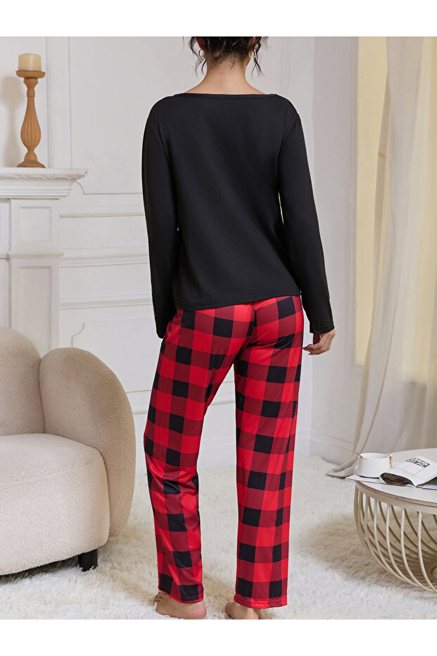 Pocket Detail Scoop Neck T-Shirt and Checked Pyjama Set - 2