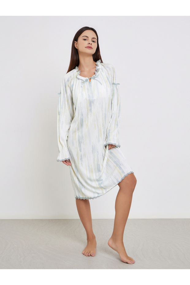 Printed Long Sleeve Nightdress with Lace Trim
