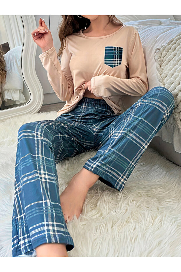 Pocket Detail Long Sleeve T-Shirt and Checked Pyjama Set