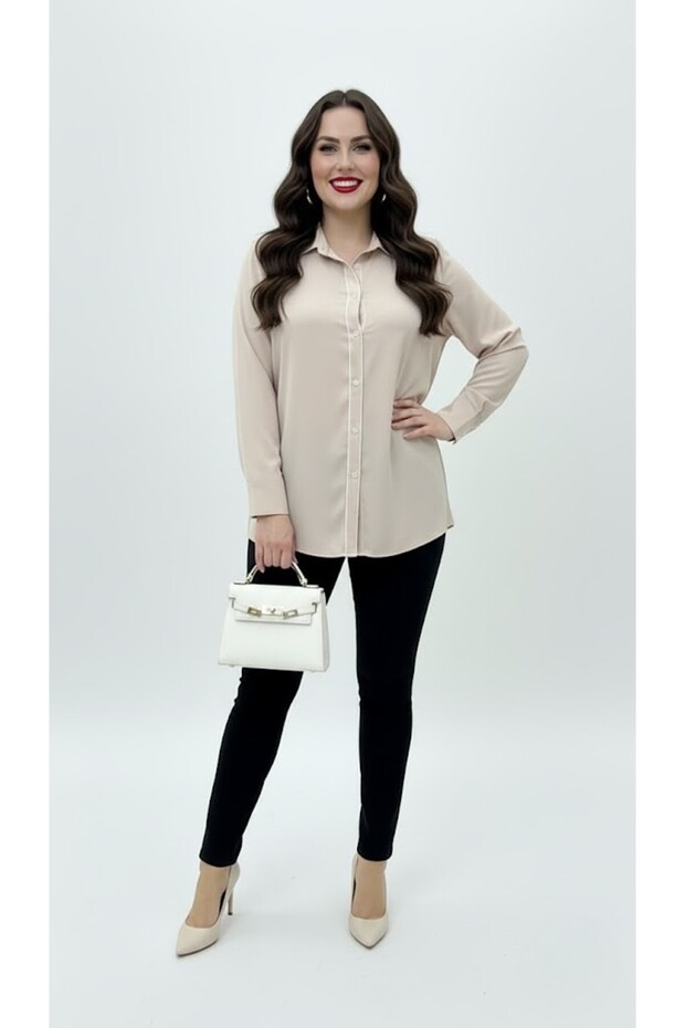 Women's Large Size Long Sleeve Front Break Piped Detail Flowy Fabric Shirt 1991