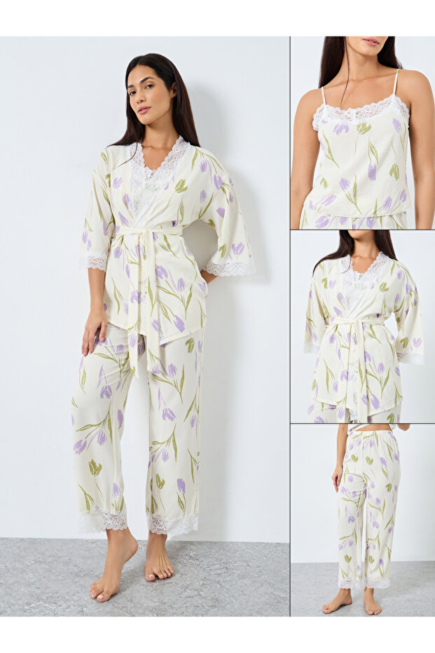 Pack of 3 - Floral Print Lace Trim Cami, Pants and Robe