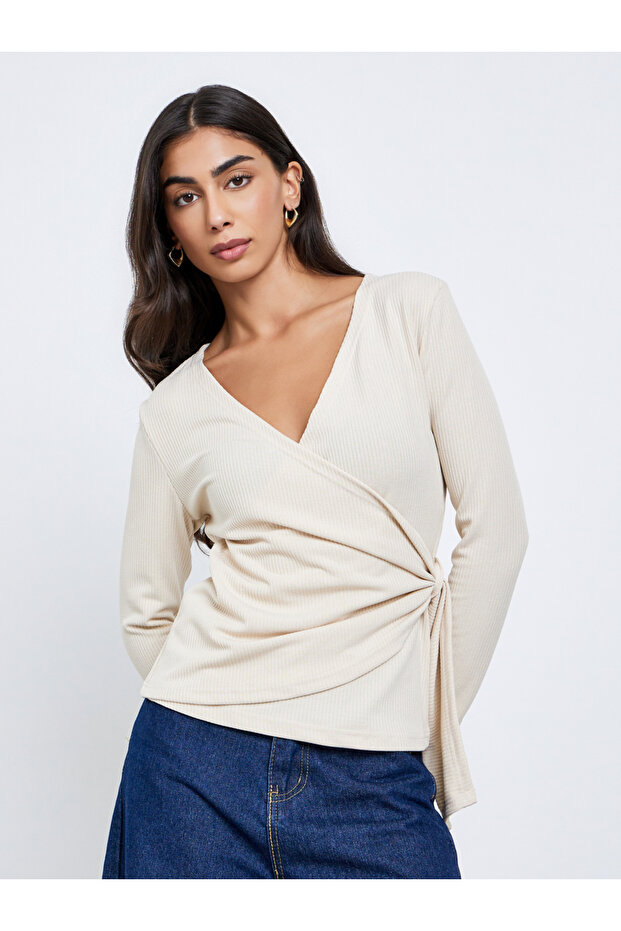 Beige Ribbed Wrap Top with Tie Detail