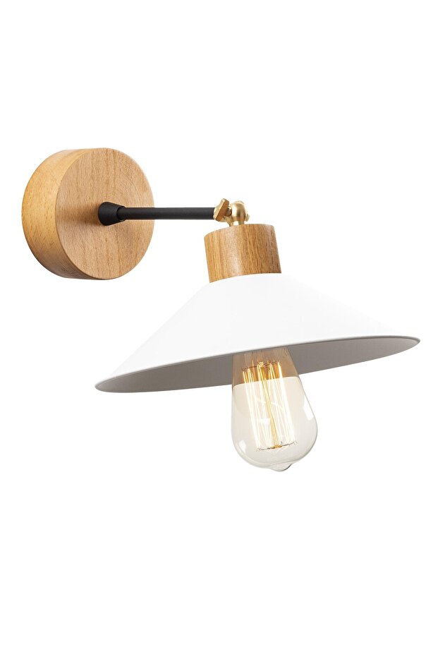 Conical Movable Head Metal Plated Single Jointed Natural Wood Sconce White Koniksivama-N-628